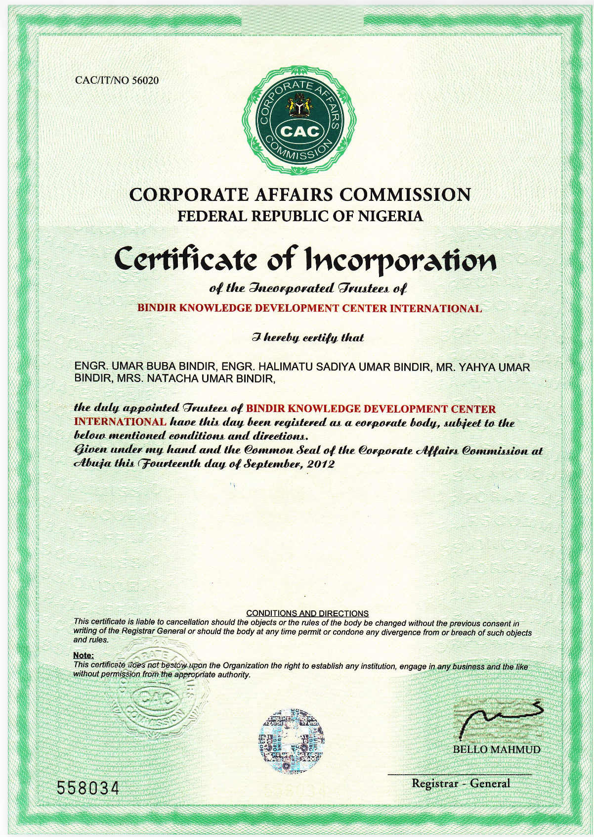 CAC Certificate of Incorporation